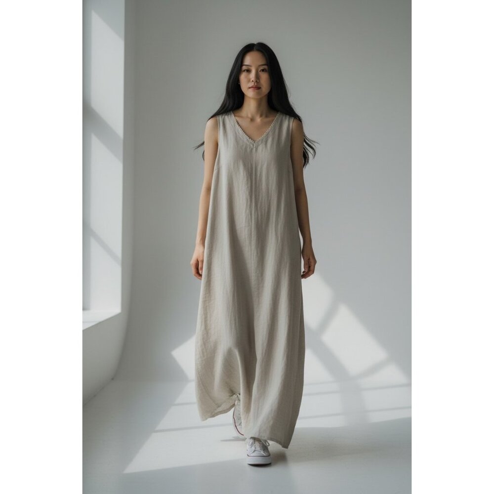 XCIT Made in USA Linen Long Maxi Dress Women XL Tall Beige Tunic Lagenlook Coast